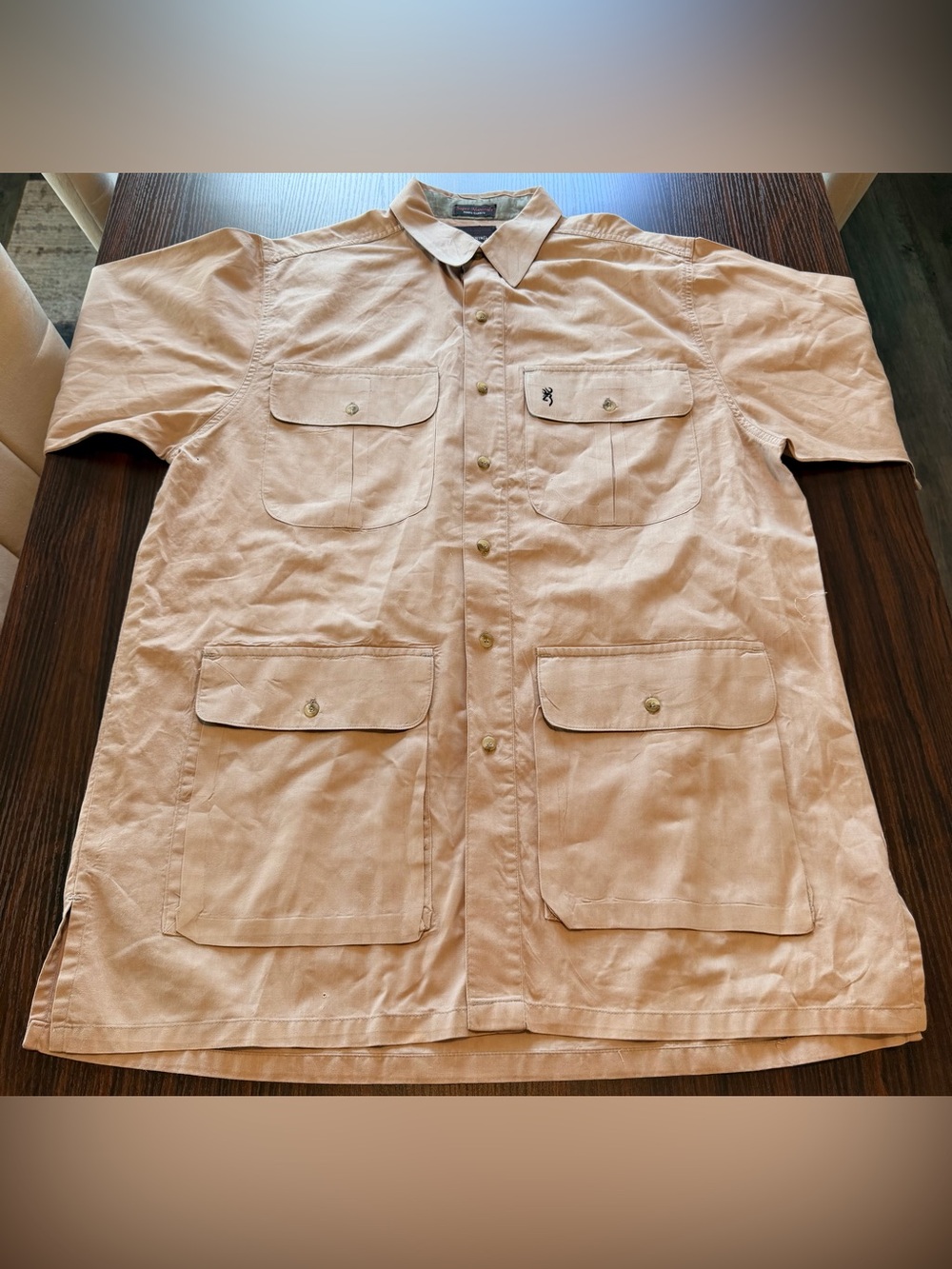 Browning Mens Khaki Tan Vintage Safari Field Shirt 4 Pocket Hunting Cotton L